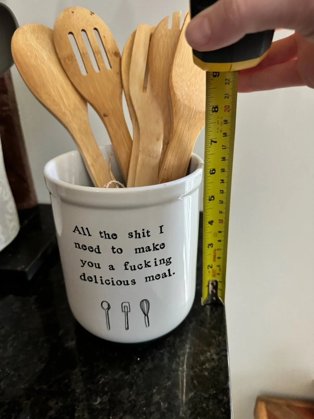 Ceramic Utensil Crock - White Kitchen Holder with Humorous Text